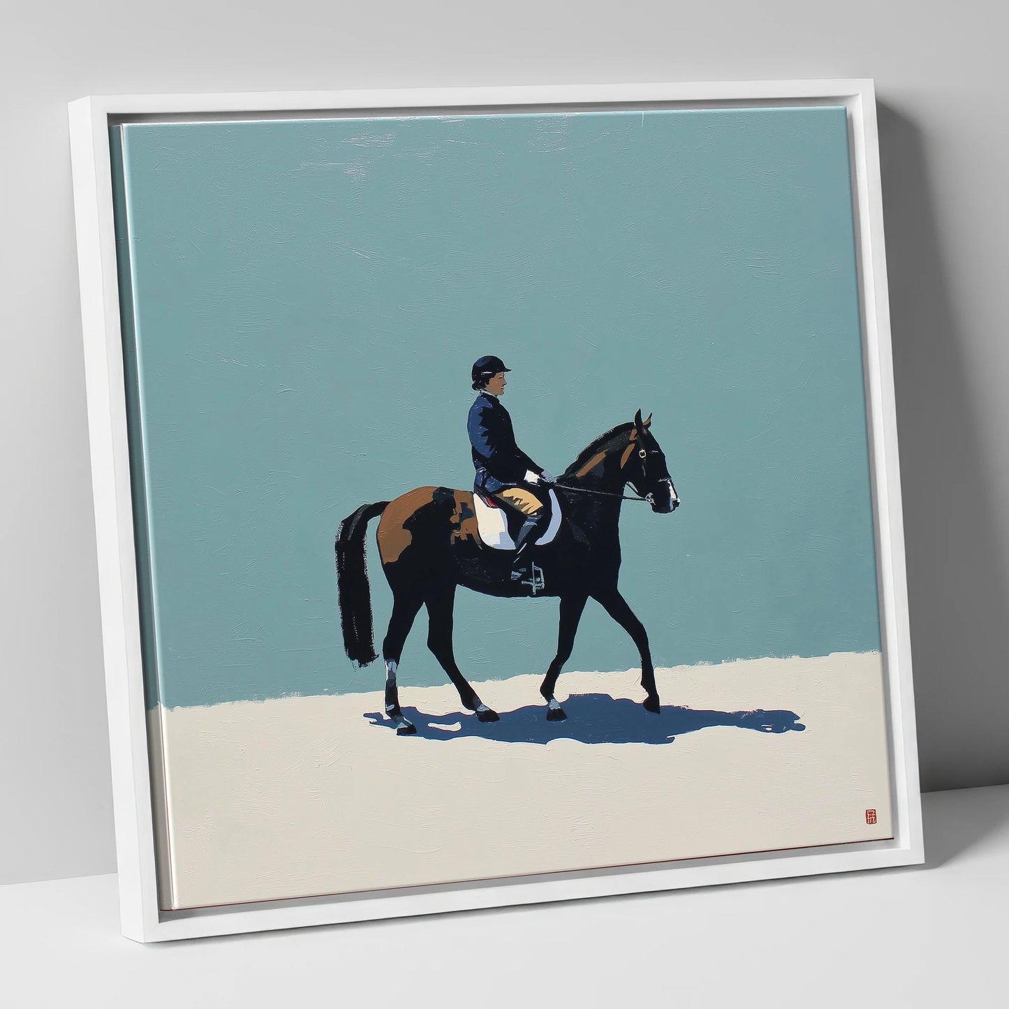 Serene Winter Dressage dressage horse canvas wall art in white frame