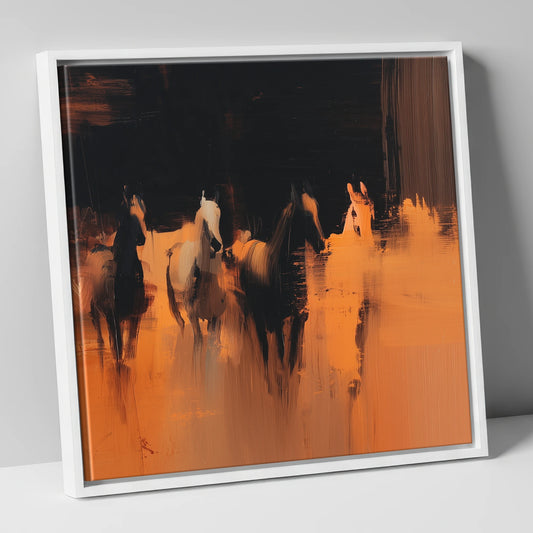 Abstract Racehorses in Burnt Orange racing horse canvas wall art in white frame