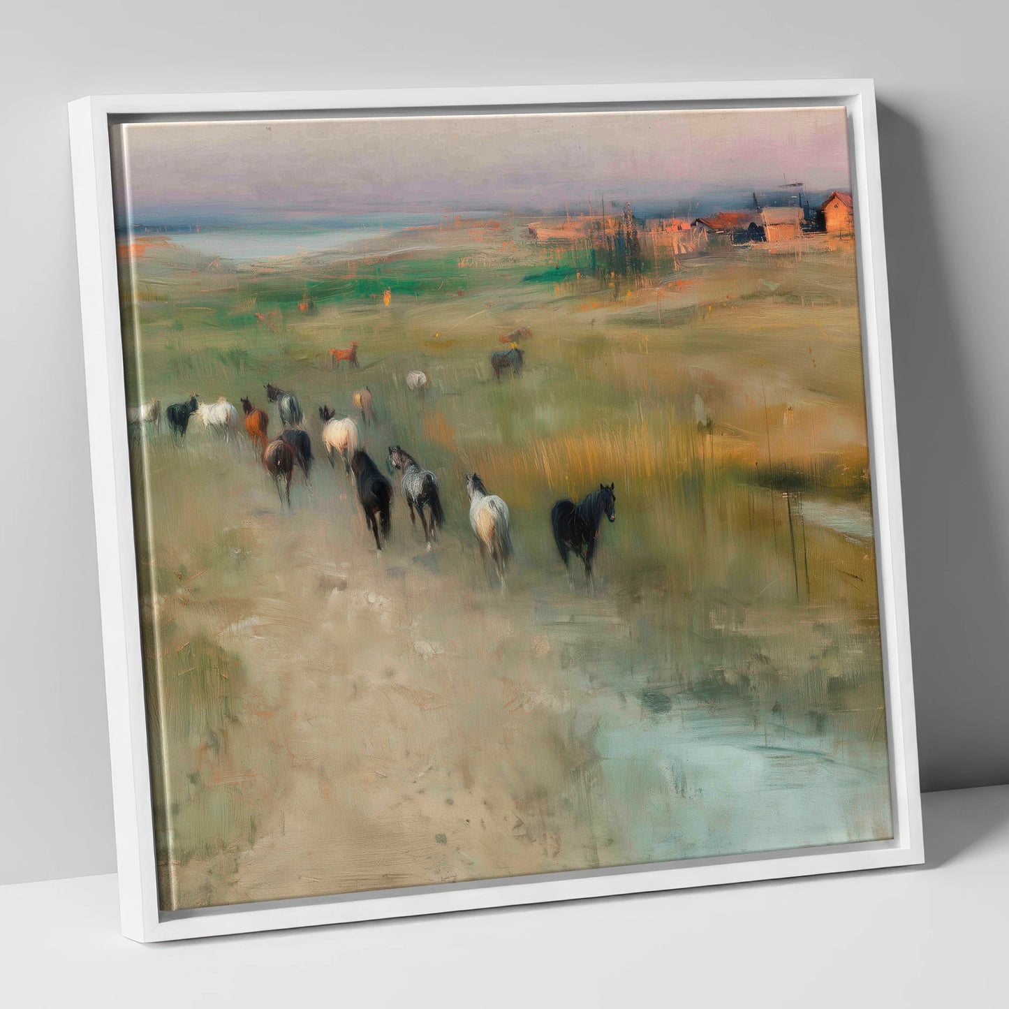 Roaming the Marshes wild horses canvas wall art in white frame