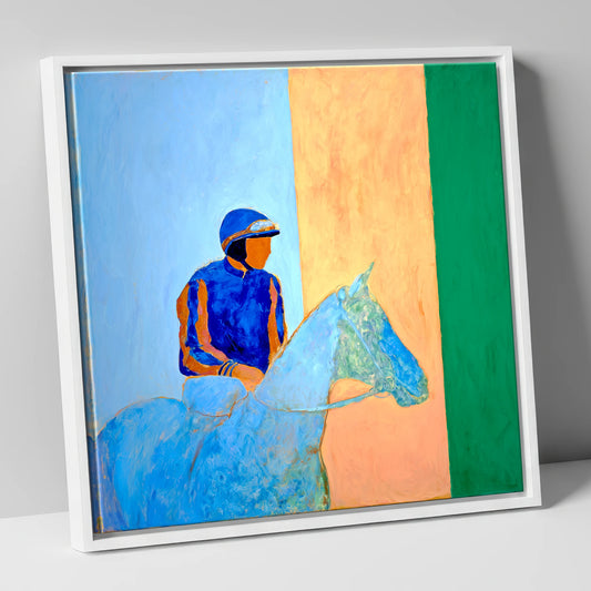 Stillness In The Saddle racing horse canvas wall art in white frame