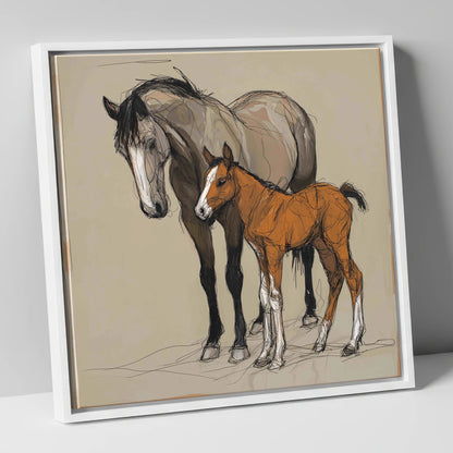 Gentle Guidance mare & foal canvas wall art in white frame
