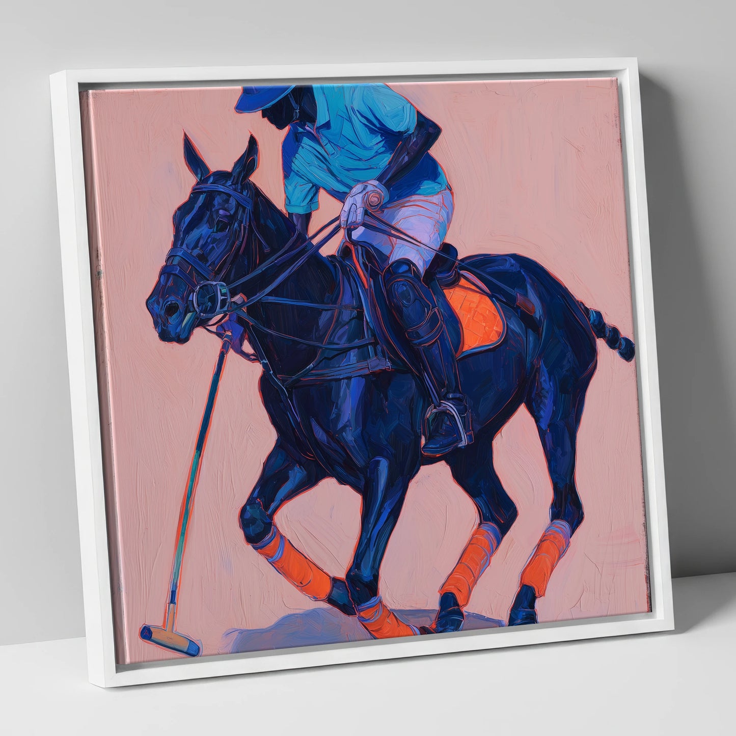 The Indigo Strike polo horse canvas wall art in white frame