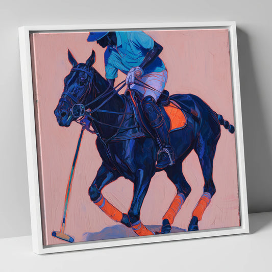 Blue And Orange Polo Horse polo horse canvas wall art in white frame