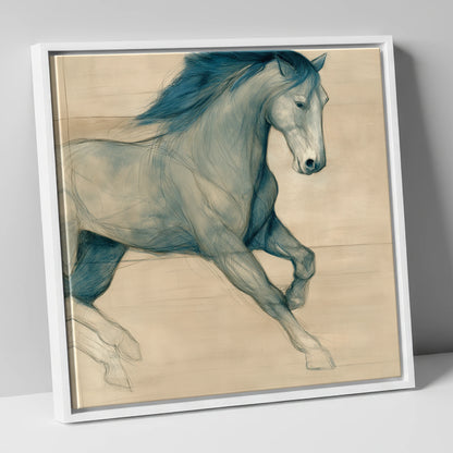 Teal Equine Study horse portrait canvas wall art in white frame