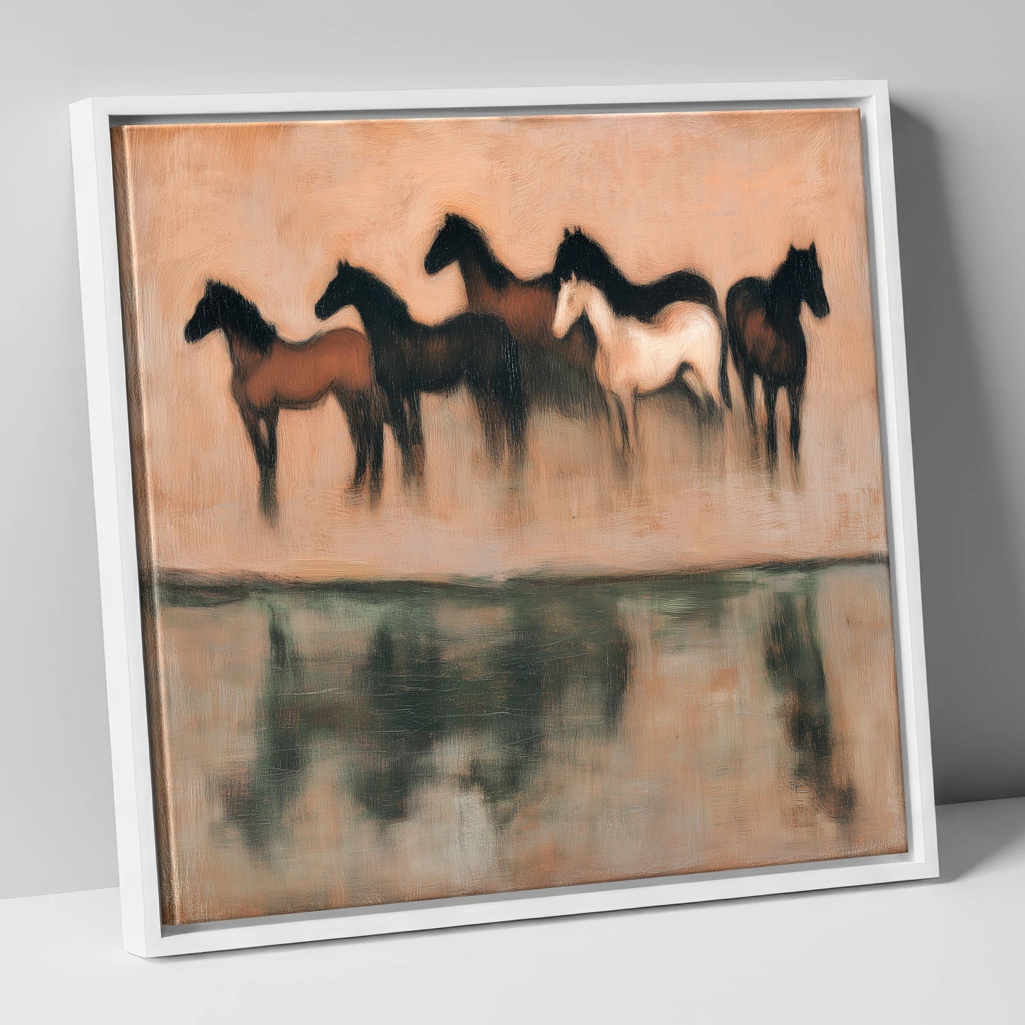 Shadows of the Herd wild horses canvas wall art in white frame