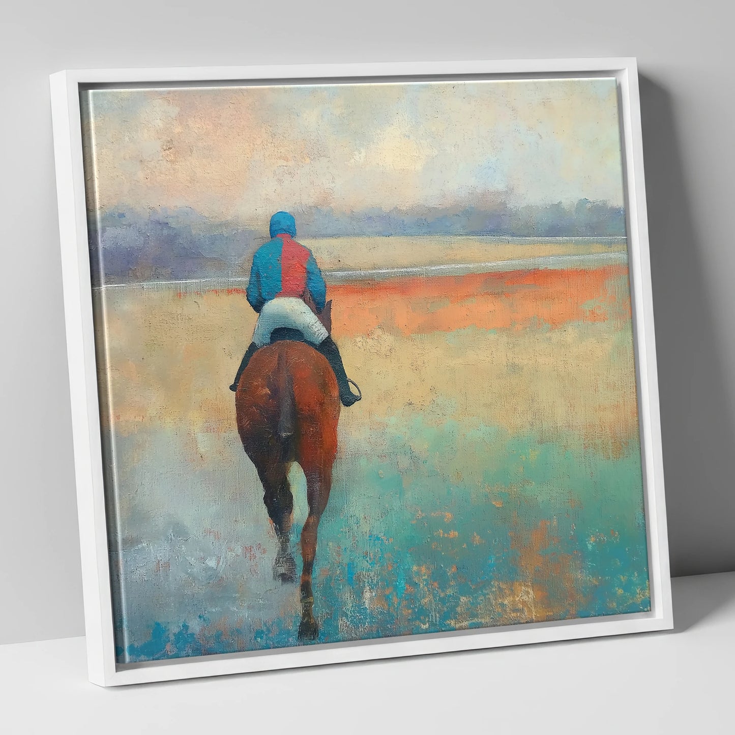 Towards the Start racing horse canvas wall art in white frame