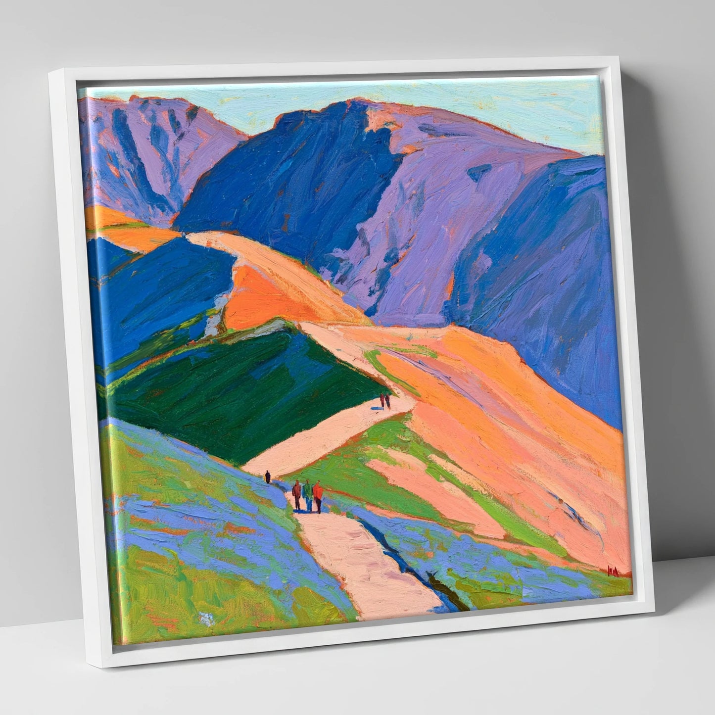 Vibrant Mountain Trail horse landscape canvas wall art in white frame