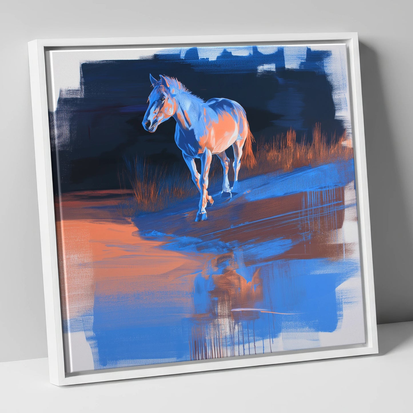 Cobalt Dawn Crossing horse landscape canvas wall art in white frame
