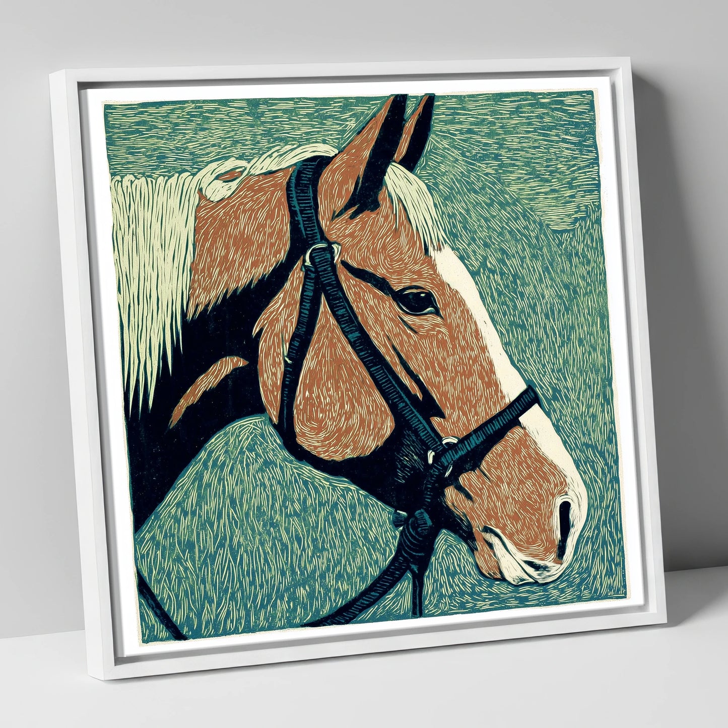 Bold Chestnut Profile horse portrait canvas wall art in white frame