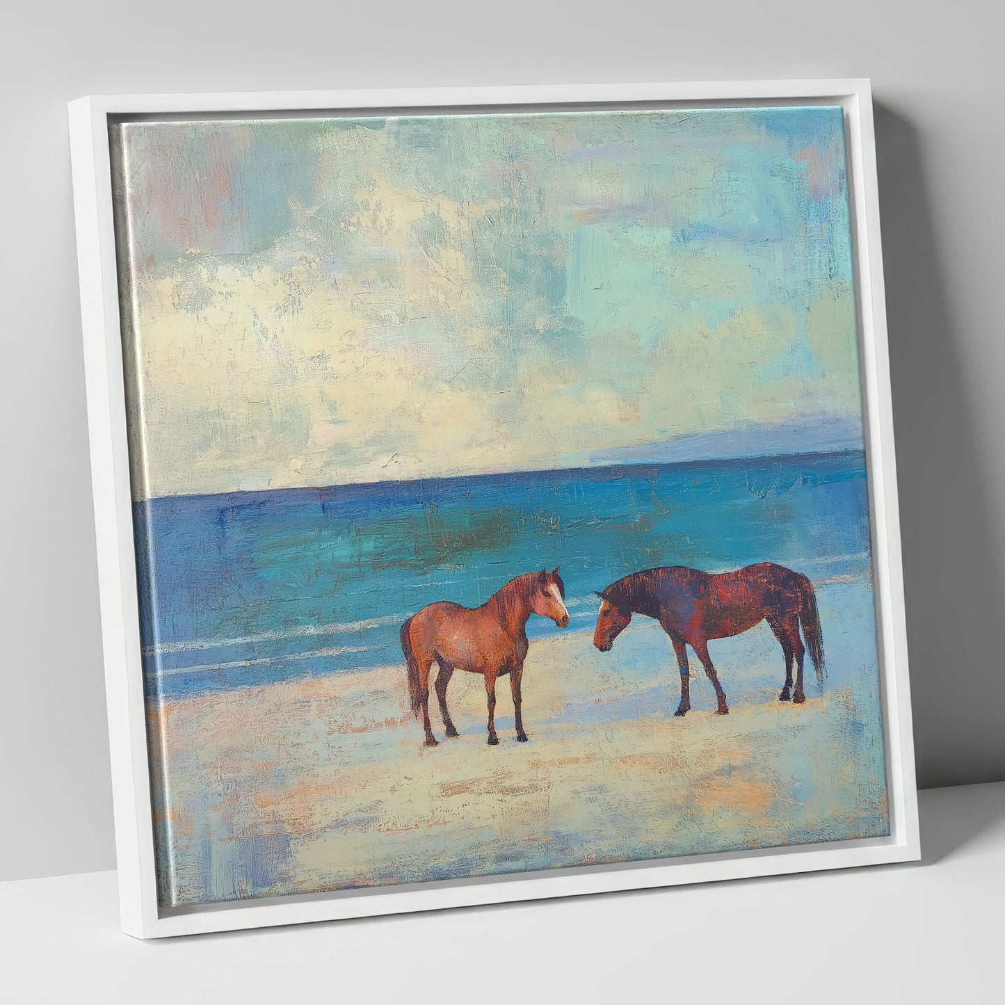Shoreline Companions horse landscape canvas wall art in white frame