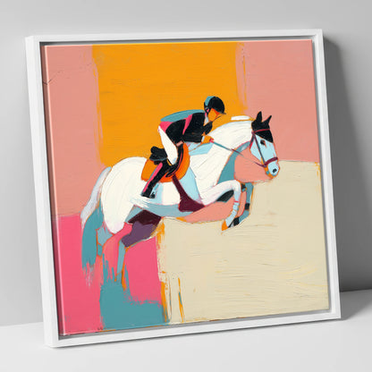 Vibrant Flight show jumping horse canvas wall art in white frame