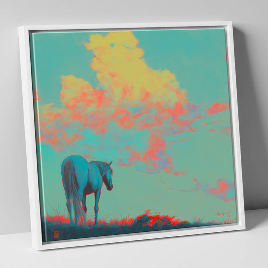 Cyan Horizon horse landscape canvas wall art in white frame