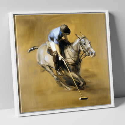 The Decisive Swing polo horse canvas wall art in white frame