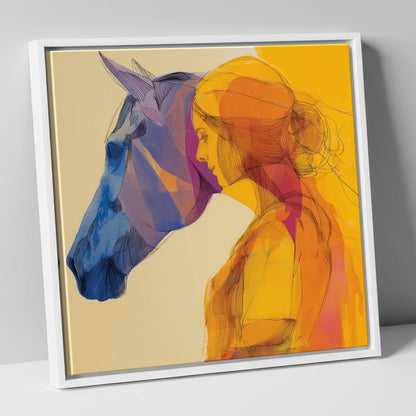 Vibrant Bond horse & rider canvas wall art in white frame