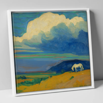 Grazing Beneath Big Skies horse landscape canvas wall art in white frame