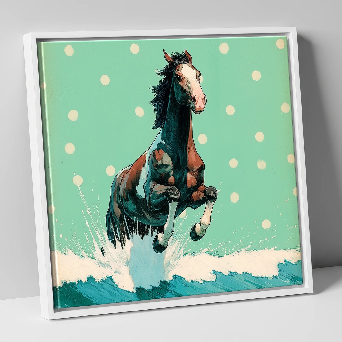 Graphic Ocean Surge beach horse canvas wall art in white frame
