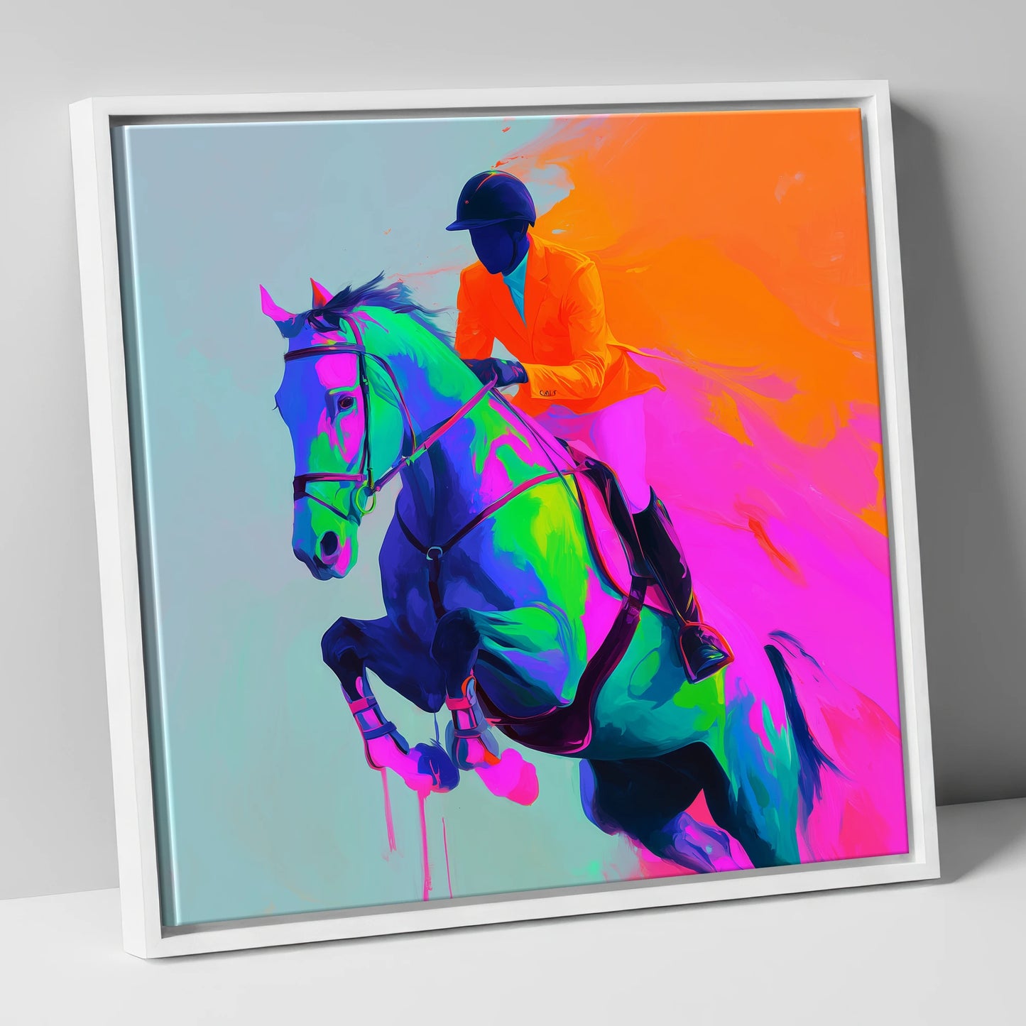 Technicolour Flight show jumping horse canvas wall art in white frame