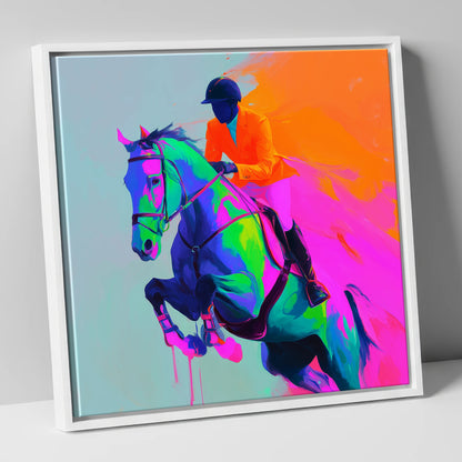 Technicolour Flight show jumping horse canvas wall art in white frame