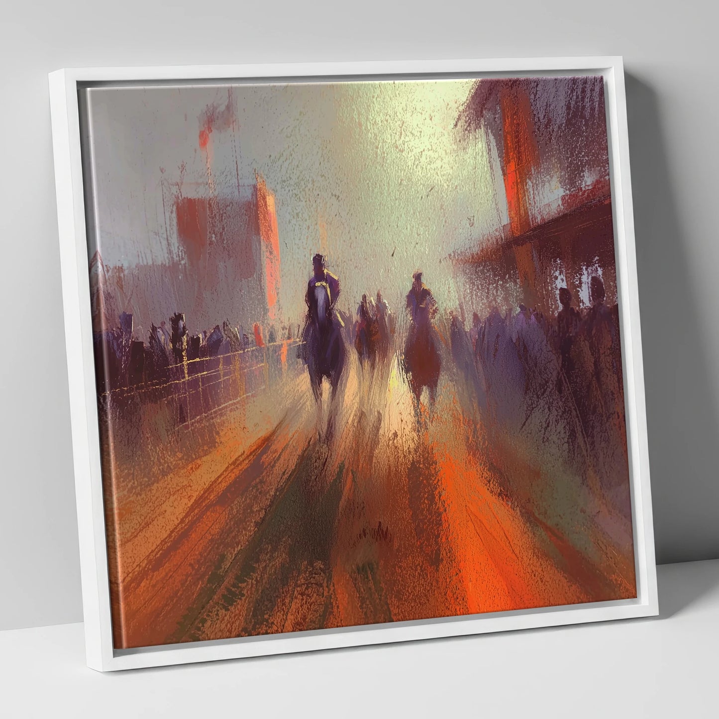 The Arena Haze show jumping horse canvas wall art in white frame