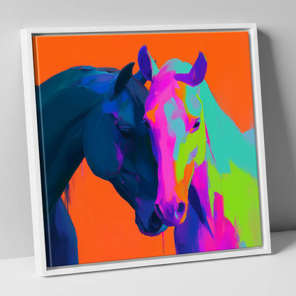 Vibrant Equine Embrace horse portrait canvas wall art in white frame