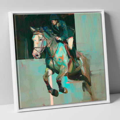 Suspended in Colour show jumping horse canvas wall art in white frame
