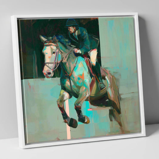 Suspended in Colour show jumping horse canvas wall art in white frame