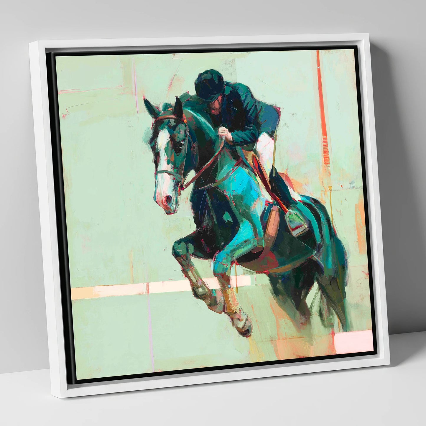 Airborne in Teal show jumping horse canvas wall art in white frame
