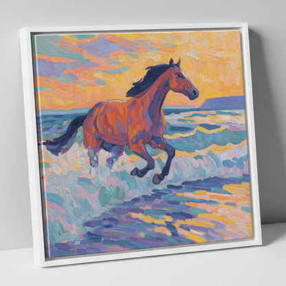 Painted Tide Canter beach horse canvas wall art in white frame