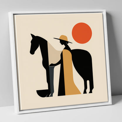 Sunlit Equine Silhouette horse & rider canvas wall art in white frame