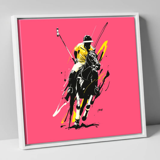 Velocity in Magenta polo horse canvas wall art in white frame