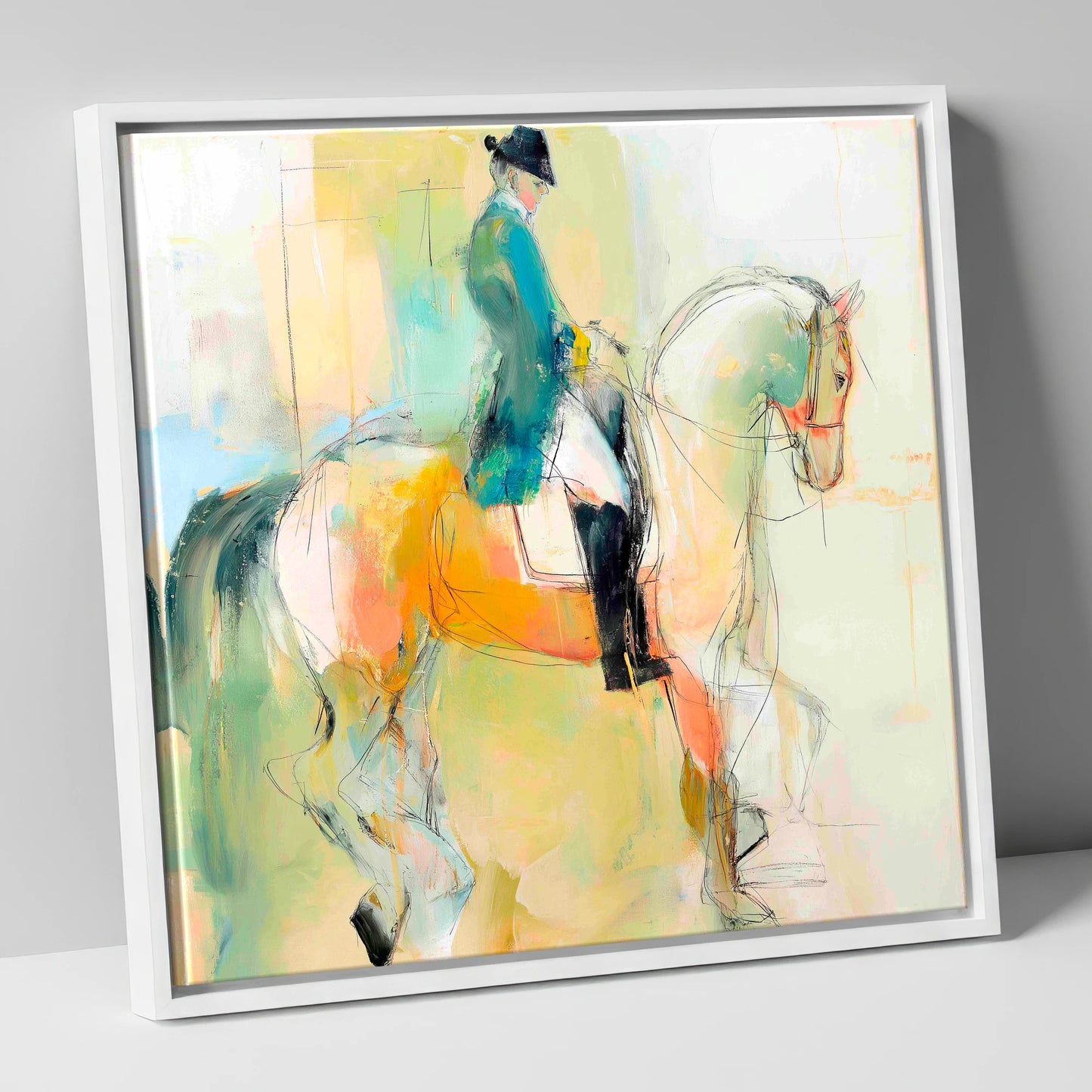 Abstract Dressage Harmony dressage horse canvas wall art in white frame