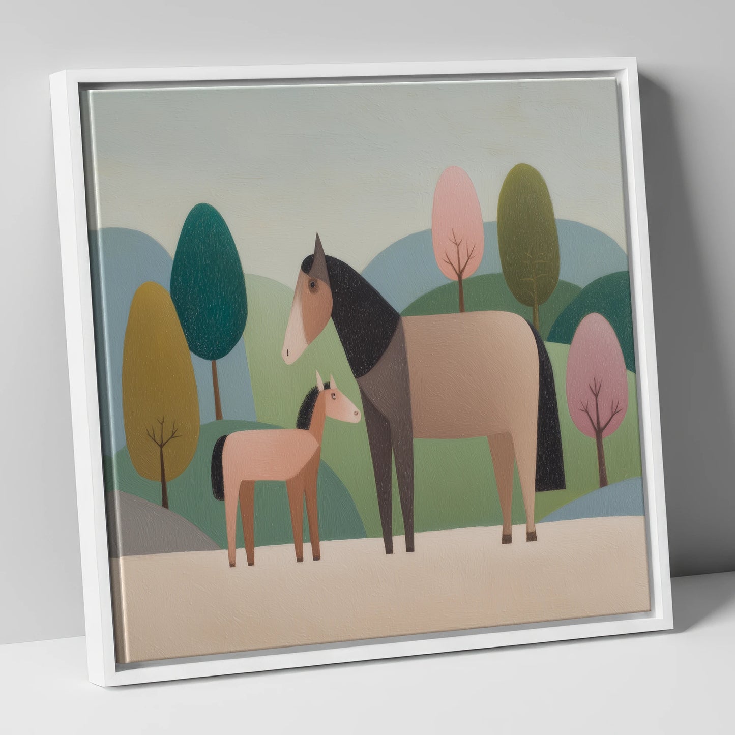 Pastoral Harmony mare & foal canvas wall art in white frame