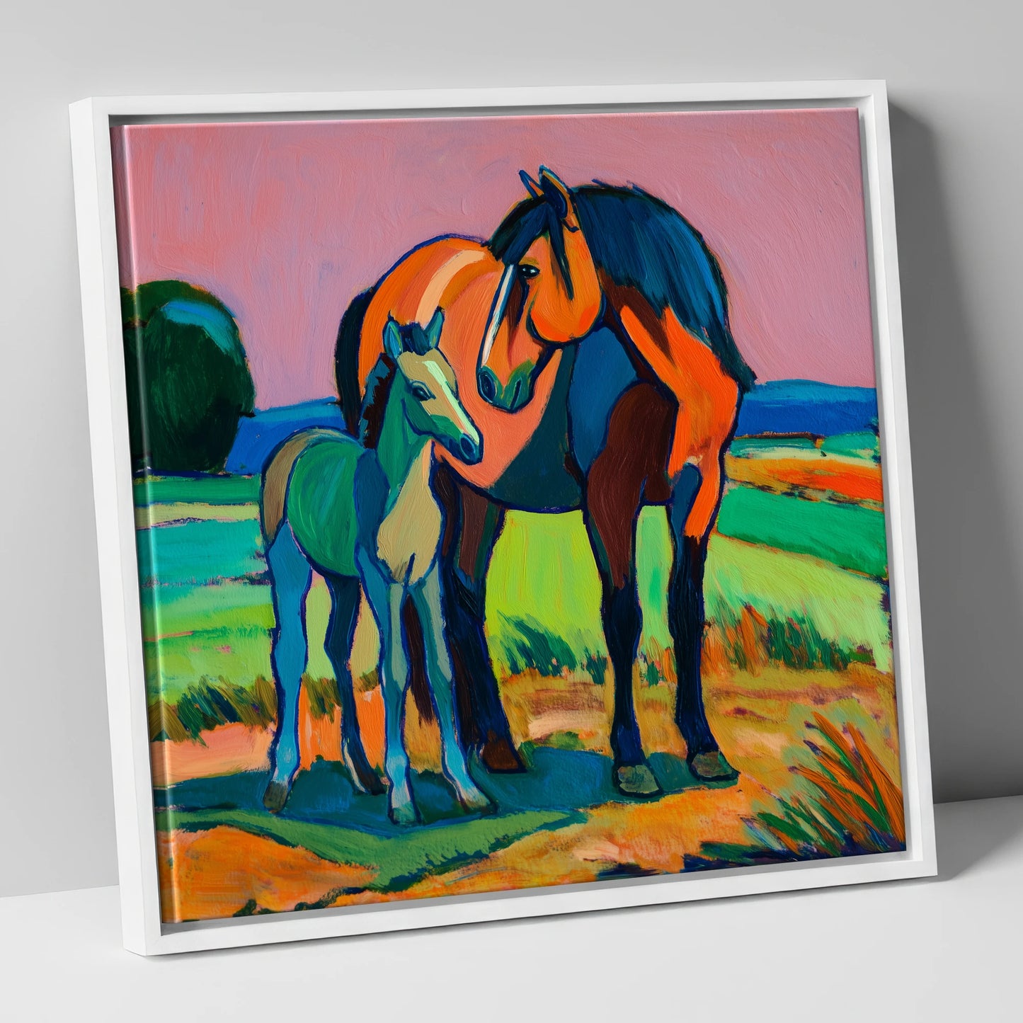 Vivid Bonds mare & foal canvas wall art in white frame
