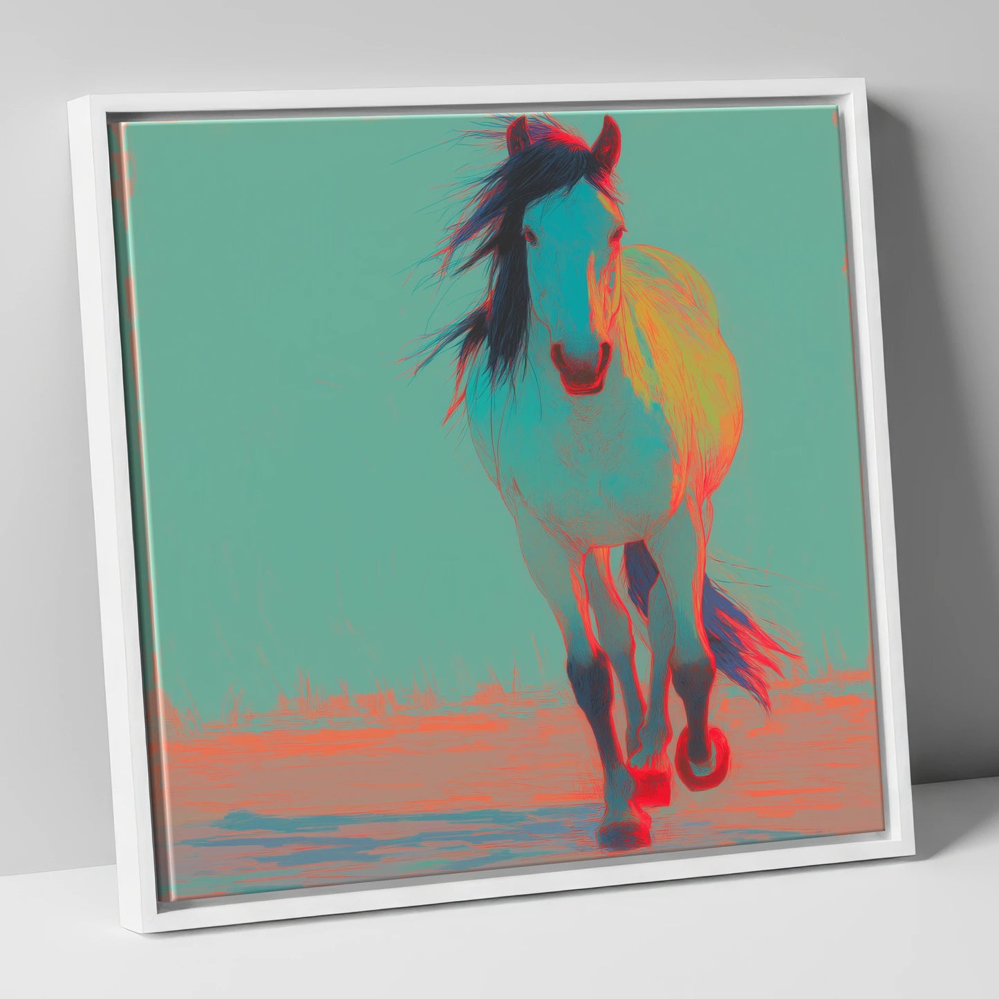 Electric Cyan Stride horse portrait canvas wall art in white frame