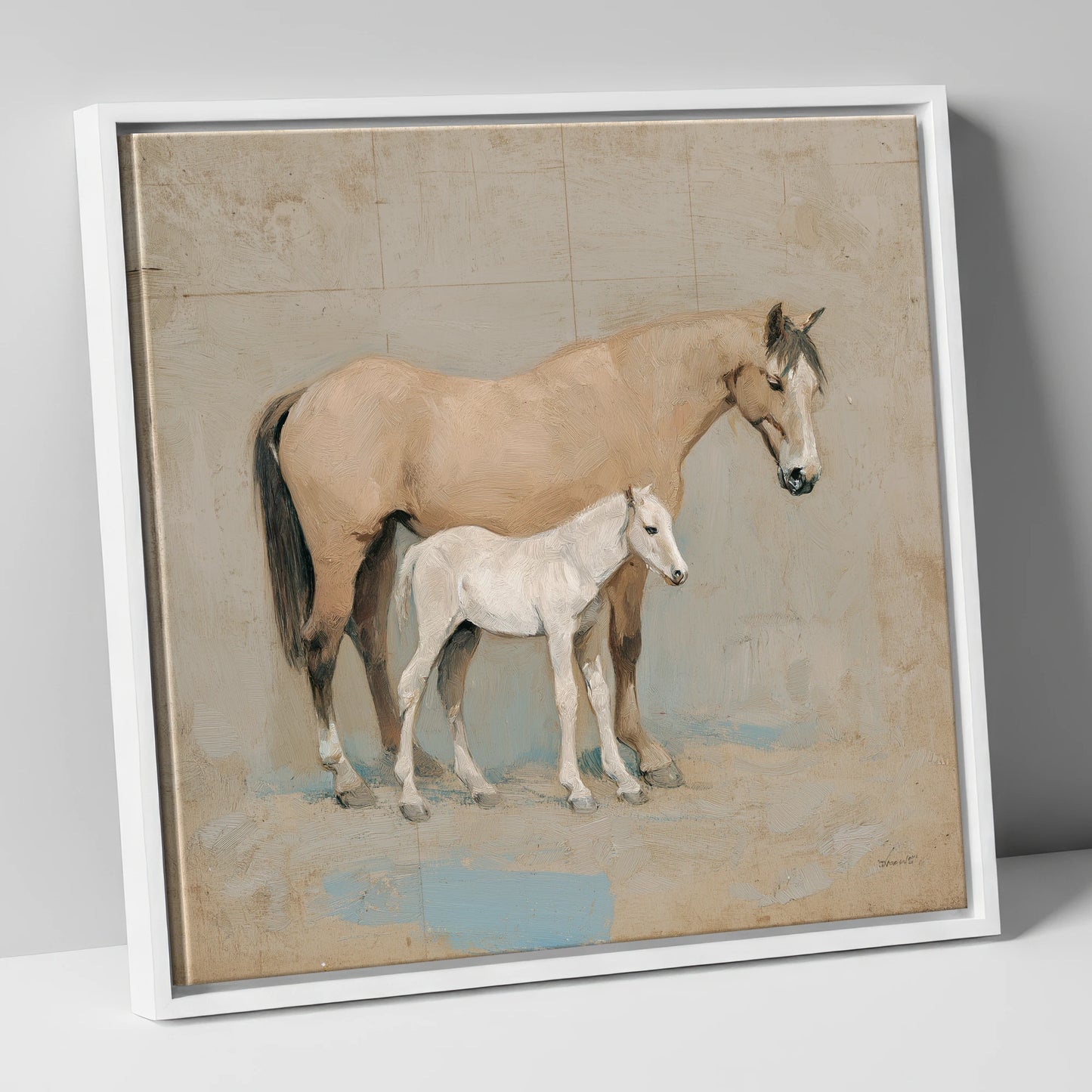 A Quiet Bond mare & foal canvas wall art in white frame
