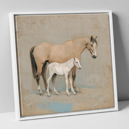 A Quiet Bond mare & foal canvas wall art in white frame