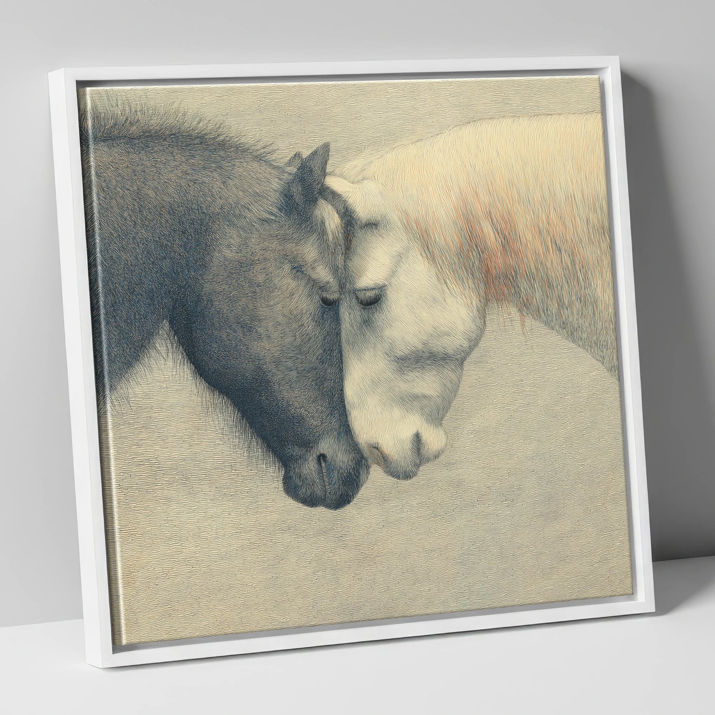Quiet Harmony horse portrait canvas wall art in white frame