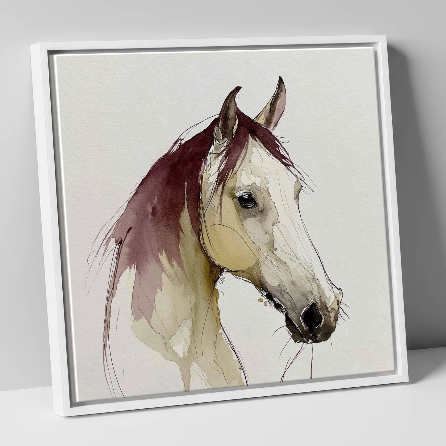 Elegant Plum Wash Portrait horse portrait canvas wall art in white frame