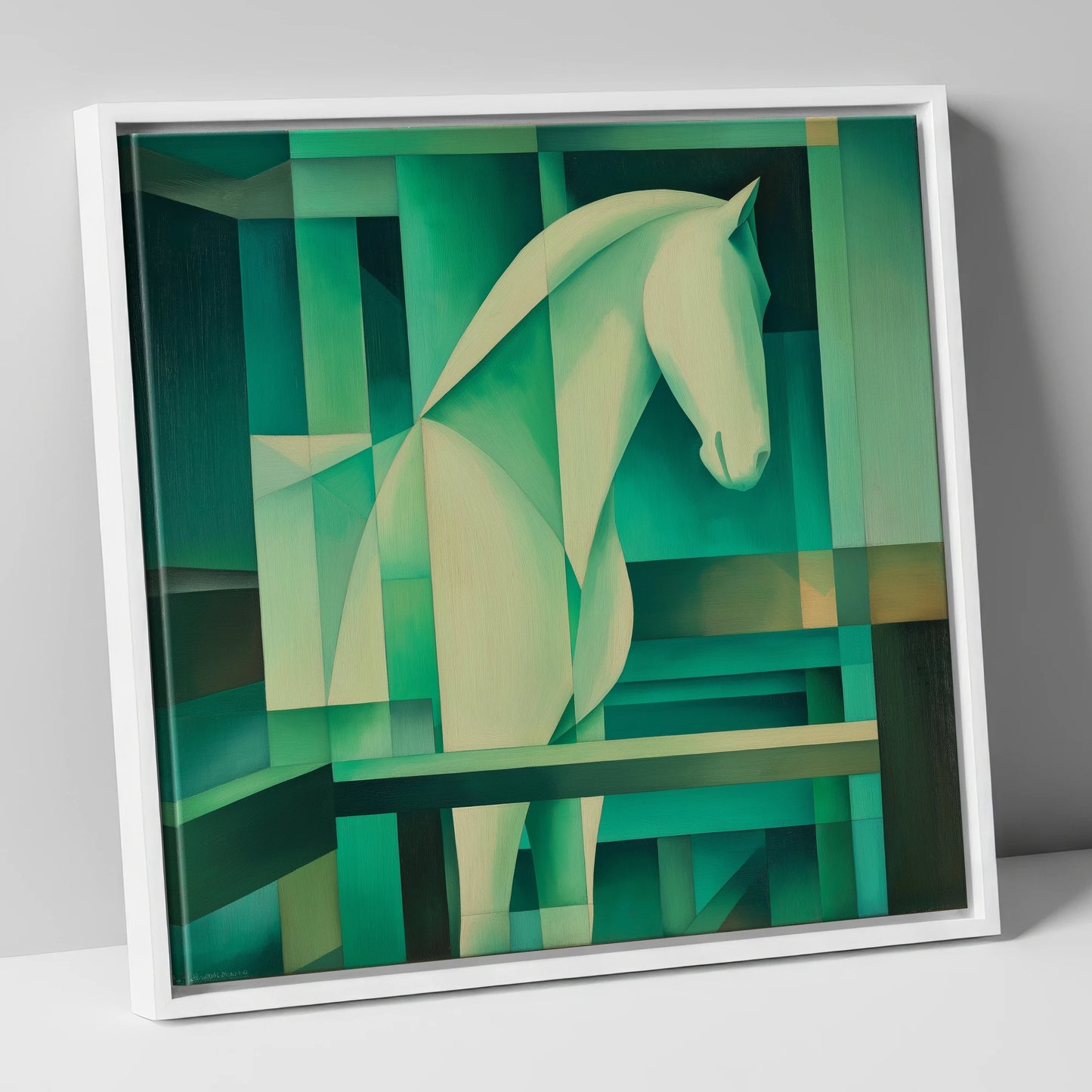 Verdant Rhythm horse stable canvas wall art in white frame
