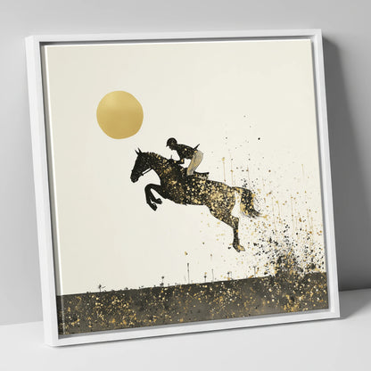 Golden Flight show jumping horse canvas wall art in white frame