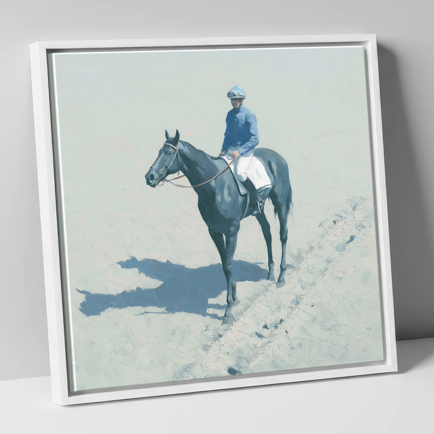 Dawn on the Gallops racing horse canvas wall art in white frame