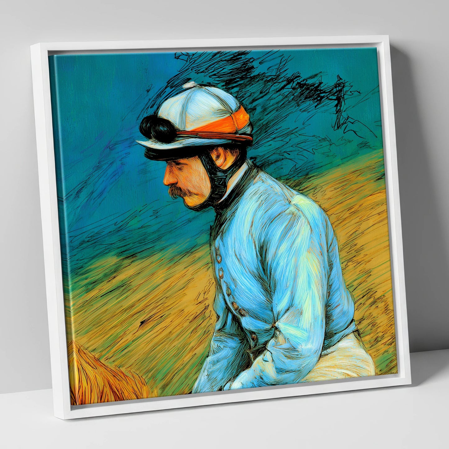 The Cerulean Silks racing horse canvas wall art in white frame