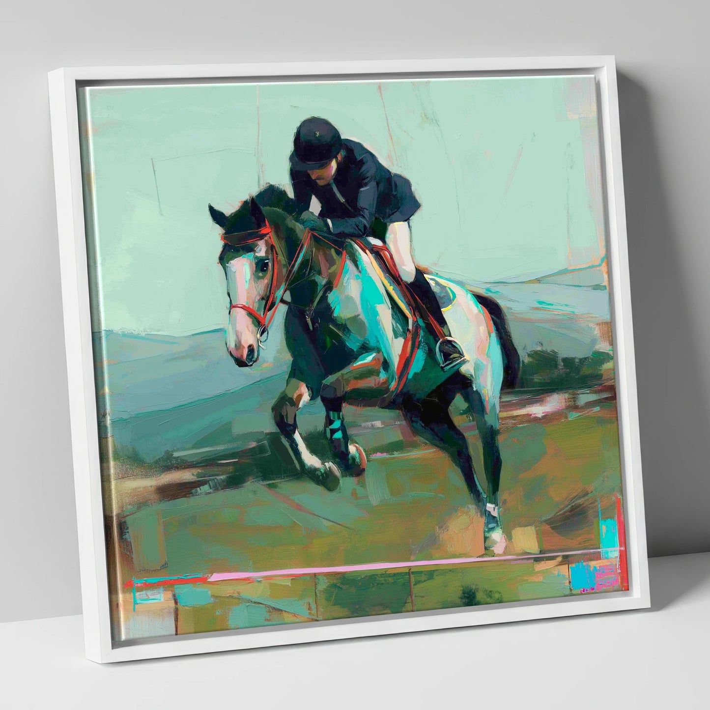 The Bold Clear show jumping horse canvas wall art in white frame