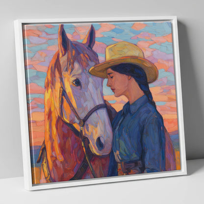 The Sundown Bond horse & rider canvas wall art in white frame