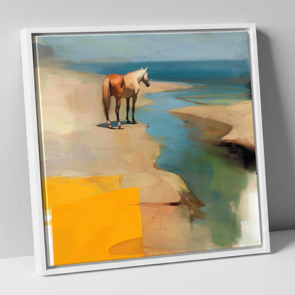 Golden Shoreline Solitude horse landscape canvas wall art in white frame