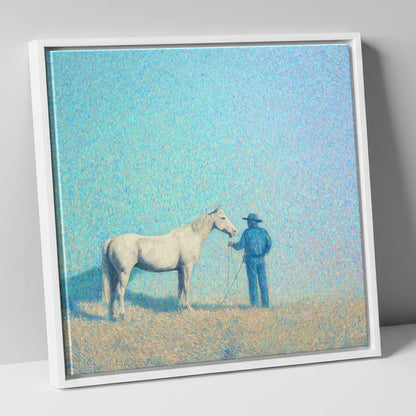 The Quiet Plains western horse canvas wall art in white frame