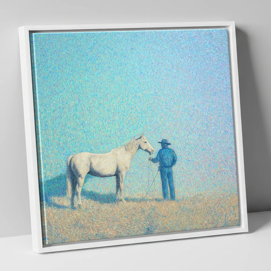 The Quiet Plains western horse canvas wall art in white frame