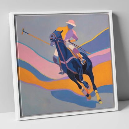 Dynamic Polo Pursuit polo horse canvas wall art in white frame