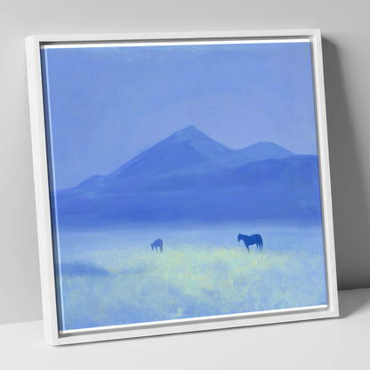 Azure Morning Mist horse landscape canvas wall art in white frame