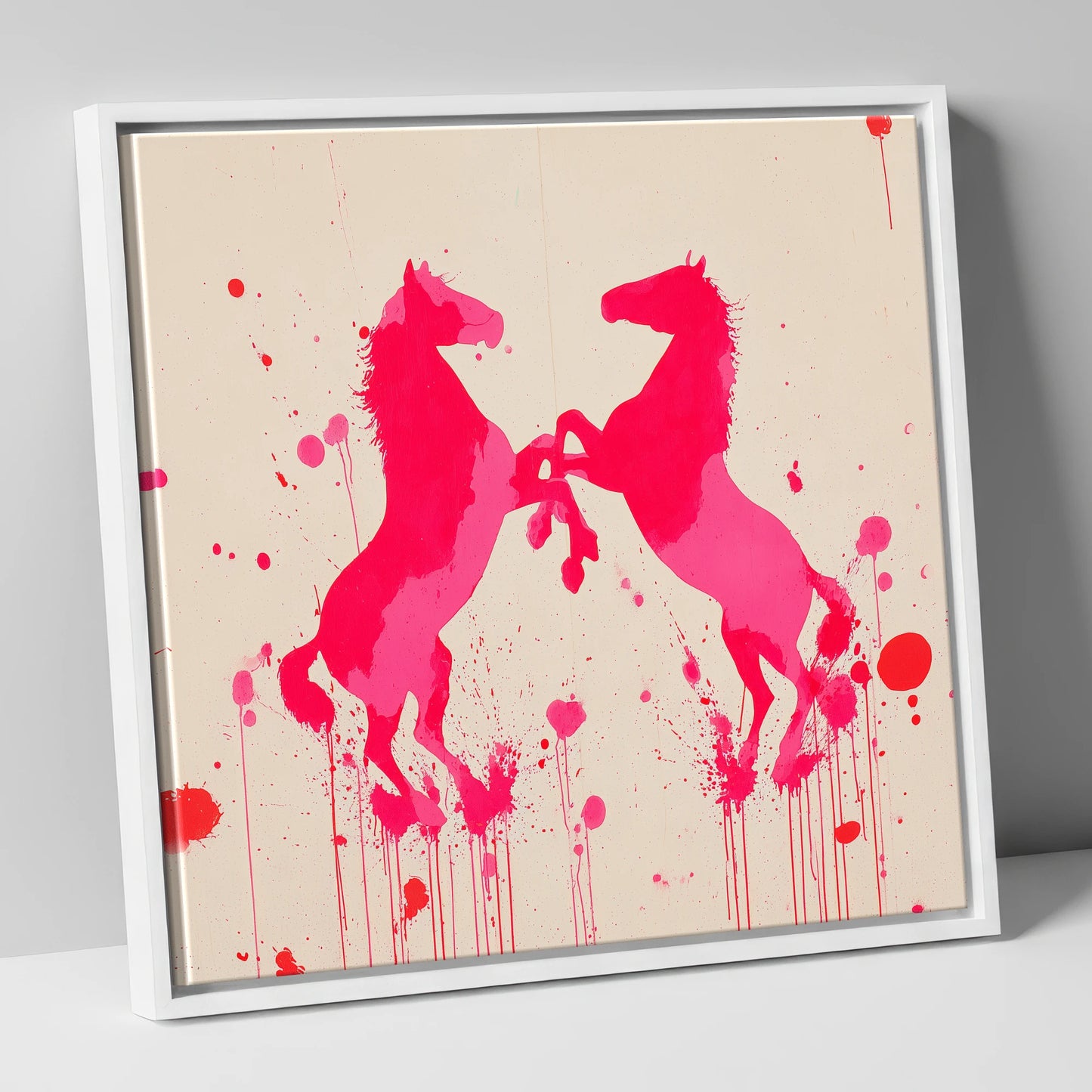 Rearing in Magenta wild horses canvas wall art in white frame